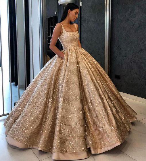 Ball Gown Prom Dress with Pockets Beads Sequins Floor-Length Gold Quinceanera Dresses WK724