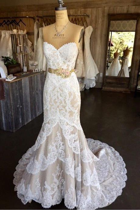 Princess Mermaid Strapless Sweetheart Lace Appliques with Flowers Wedding Dresses WK998