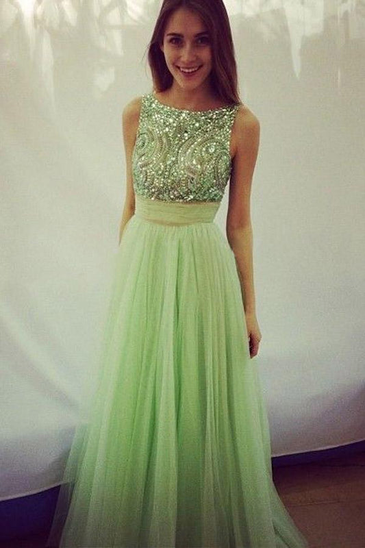 Elegant Scoop Beading A-line Tulle Green Floor-Length Bowknot Sequins Prom Dresses WK354