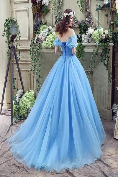 Elegant Ball Gown Off the Shoulder Blue Long Lace up Sweetheart Tulle Prom Dresses WK257