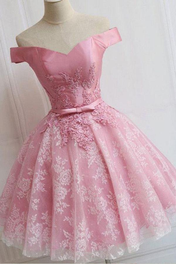 Off the Shoulder Lace up Lace Applique Dusty Rose Short Prom Dress Homecoming Dresses WK759