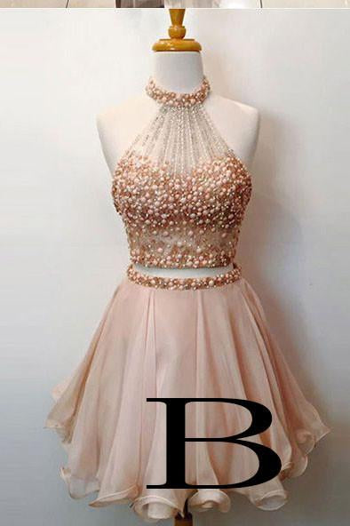 Cute Round Neck Pink Tulle Short Prom/Homecoming Dress with Beading WK95