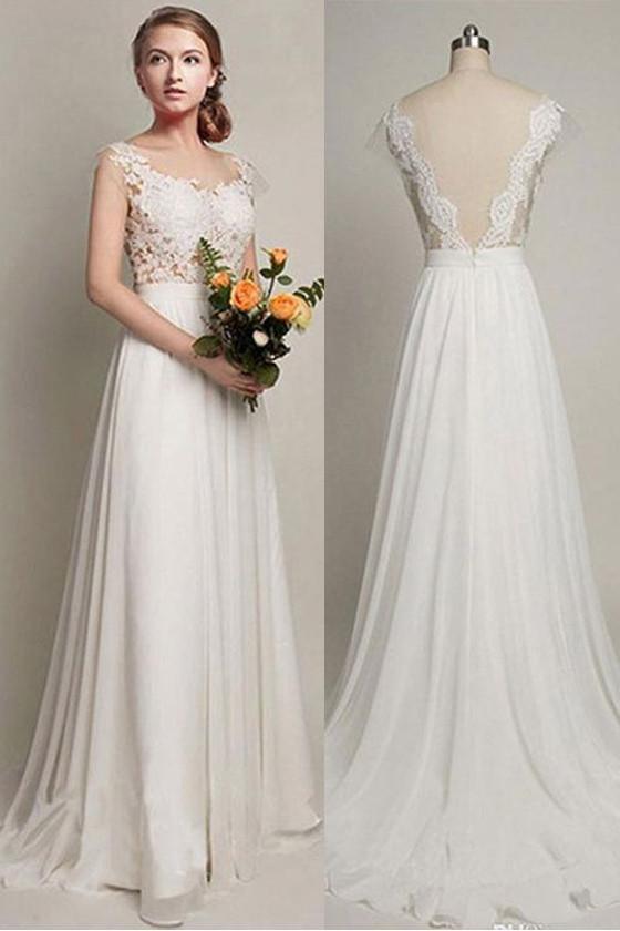 Back V Cap Sleeve Lace Cheap Chiffon High Quality Beach A-line Ivory Wedding Dresses WK227