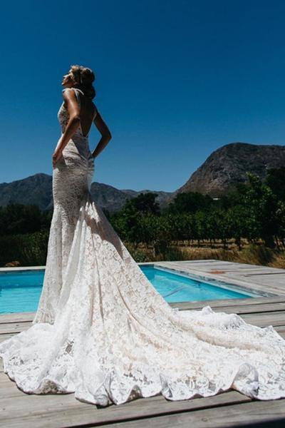 Simple Sleeveless Long Ivory Lace Halter Mermaid Sleeveless Wedding Dresses WK338