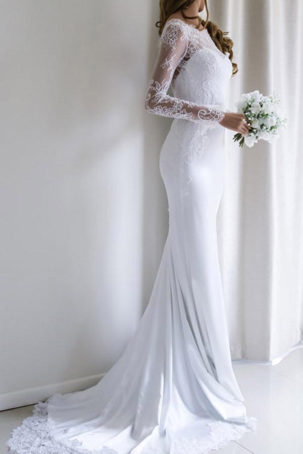 Elegant Lace Long Sleeves Mermaid Backless White Long Wedding Dress with Train WK164