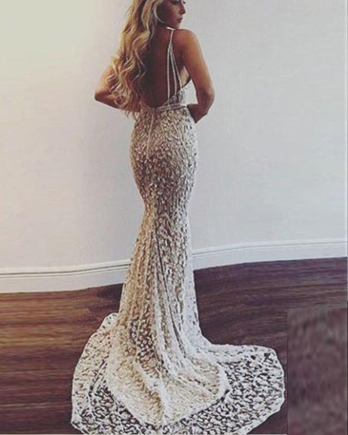 Gorgeous Deep V-Neck Spaghetti Straps Sleeveless Mermaid Long Prom Dresses WK768