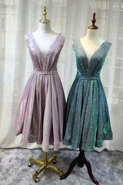 Gorgeous V Neck Knee Length Bridesmaid Dress Lace up Sequin Homecoming Dresses H1065