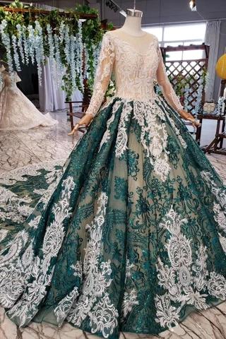 Green Long Sleeves Ball Gown Lace Prom Dress with Appliques Long Quinceanera Dress P1137