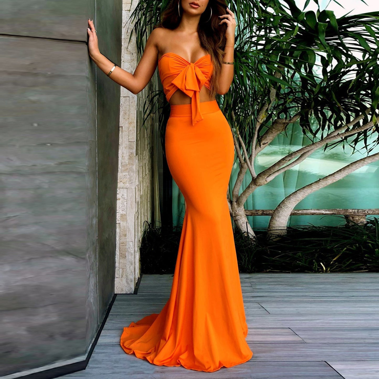 Orange Sweetheart Two Pieces Mermaid Sexy Long Bridesmaid Dresses Prom Dresses WK321