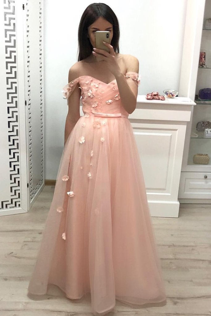 Off the Shoulder Sweetheart Tulle Prom Dresses Pleats Prom Gowns With Flowers WK903