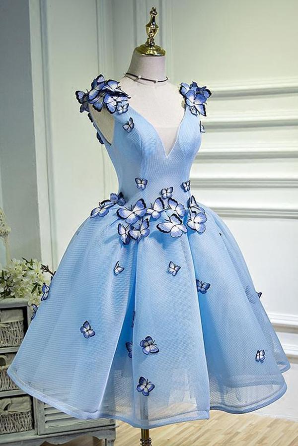 A Line Sky Blue V Neck Lace up Junior Cute Homecoming Dress with Butterfly Flowers WK781