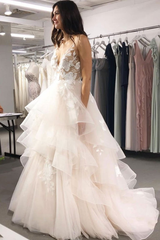 A Line V Neck Tulle Long Prom Dresses Asymmetrical Lace Appliques Party Dresses WK225
