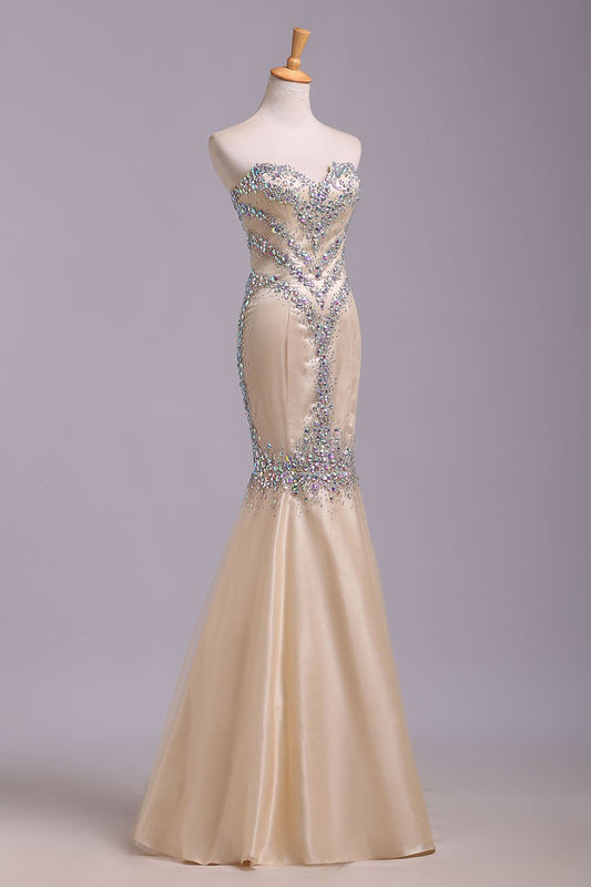 Mermaid Rhinestone Sweetheart Tulle Sleeveless Floor Length Prom Dresses Evening Dress WK179