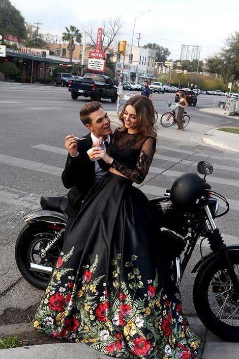 Two Piece Lace Floral Print Black Sexy Open Back Long Sleeve High Neck Prom Dresses WK56