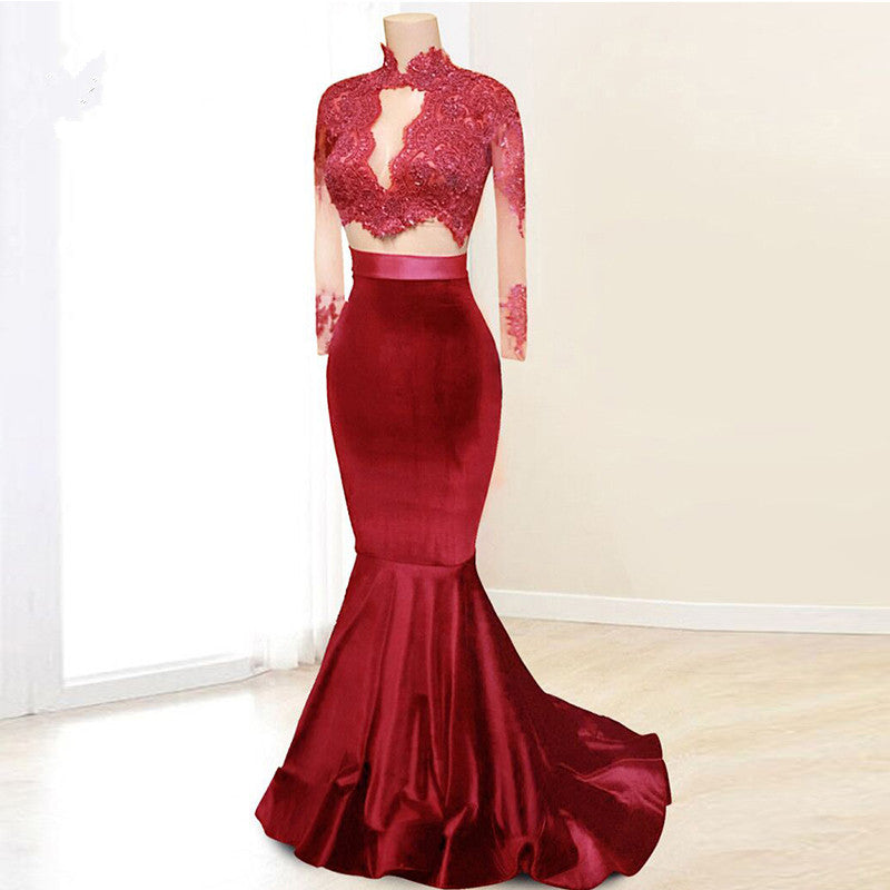 Elegant Long Sleeves Two Piece Mermaid High Neck Floor-Length Prom Dresses WK780