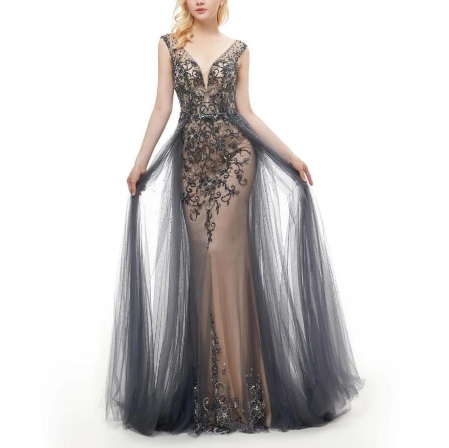 Elegant Mermaid V-Neck Sweep Train Grey Tulle Detachable Prom Dress with Beading WK652