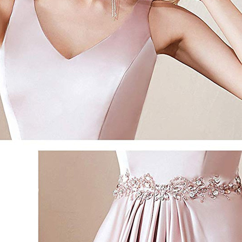 Elegant A Line V Neck Satin Beads V Back Pink Sleeveless Long Prom Dresses WK36
