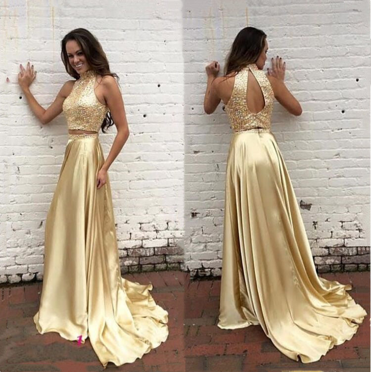 New Arrival Gold Two Pieces High Neck Pretty Sparkly Evening Party Prom Dress PD0062