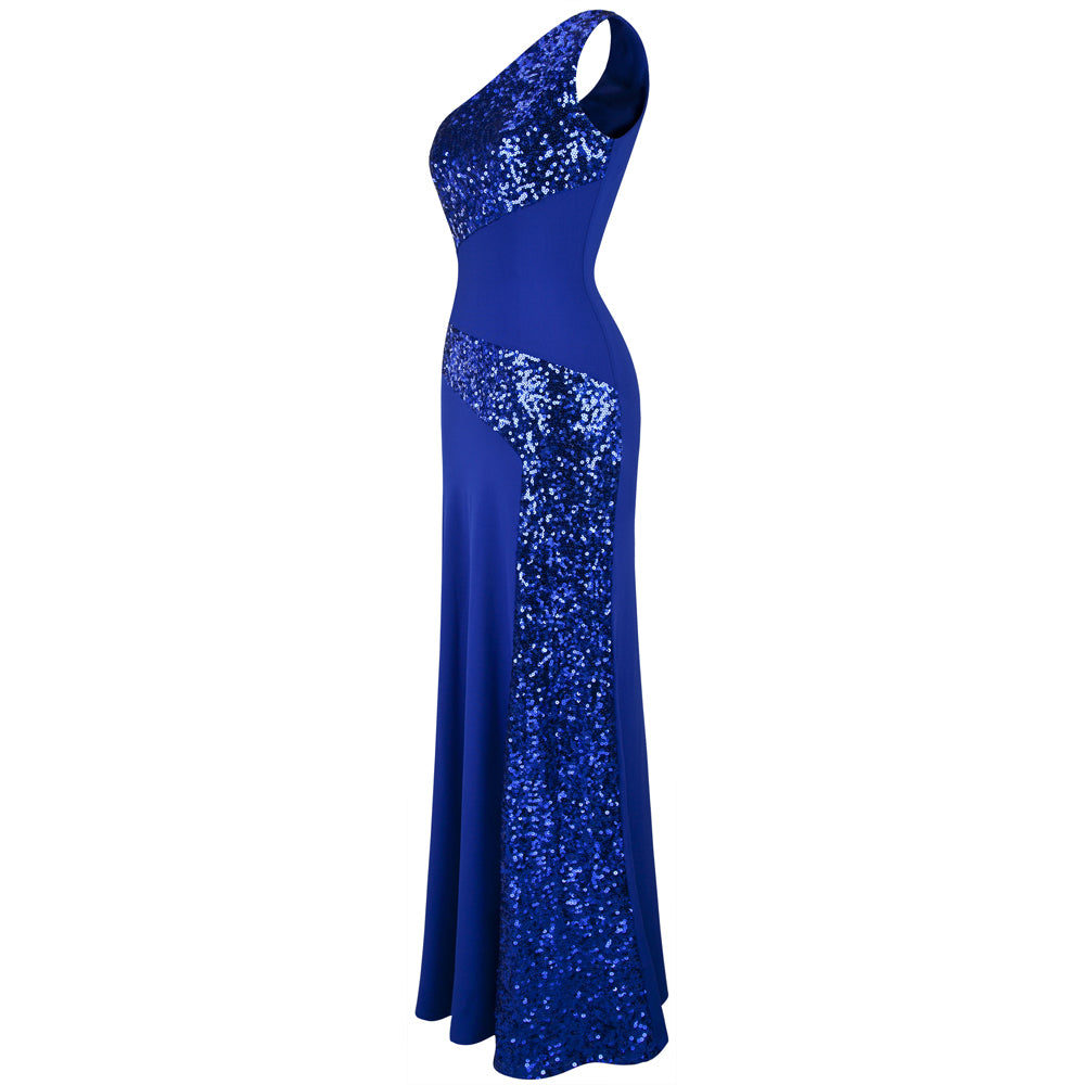 One Shoulder Sleeveless Sequin Maxi Prom Dresses WK202