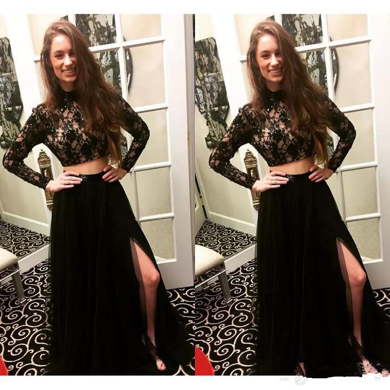 Long Sleeves Modest Black Two Pieces Beaded Lace Long Women Dresses Prom Dresses WK678