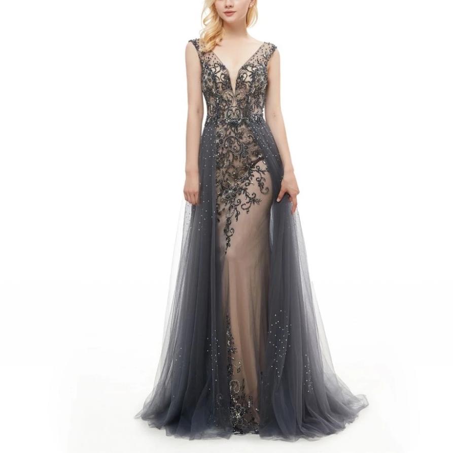 Elegant Mermaid V-Neck Sweep Train Grey Tulle Detachable Prom Dress with Beading WK652