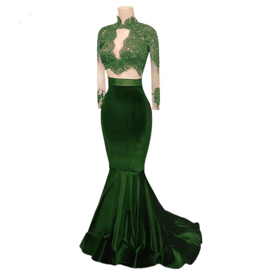 Elegant Long Sleeves Two Piece Mermaid High Neck Floor-Length Prom Dresses WK780