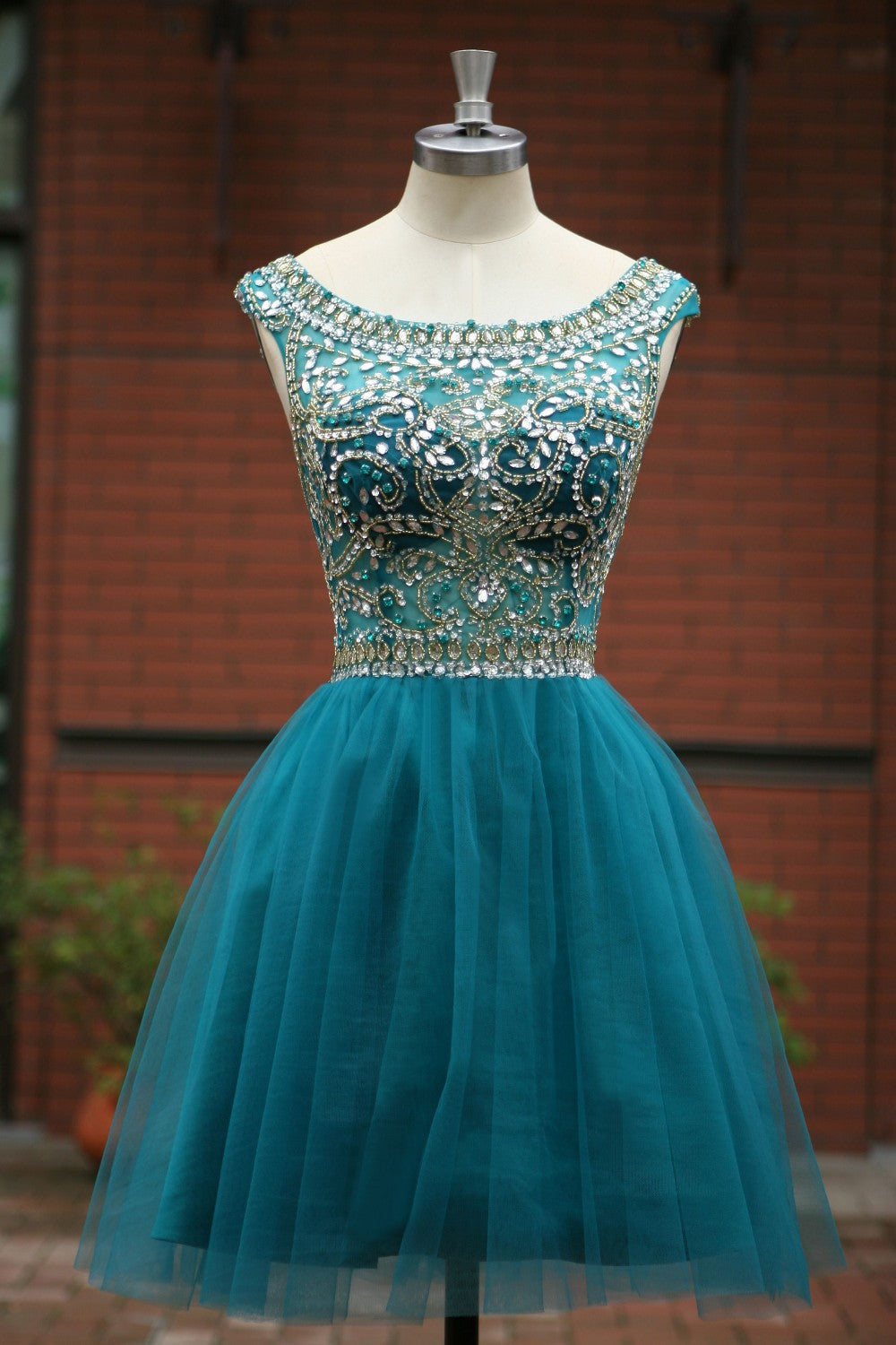 Blue Homecoming Dress Short Prom Gown Tulle Beads Open Back Homecoming Gowns WK910
