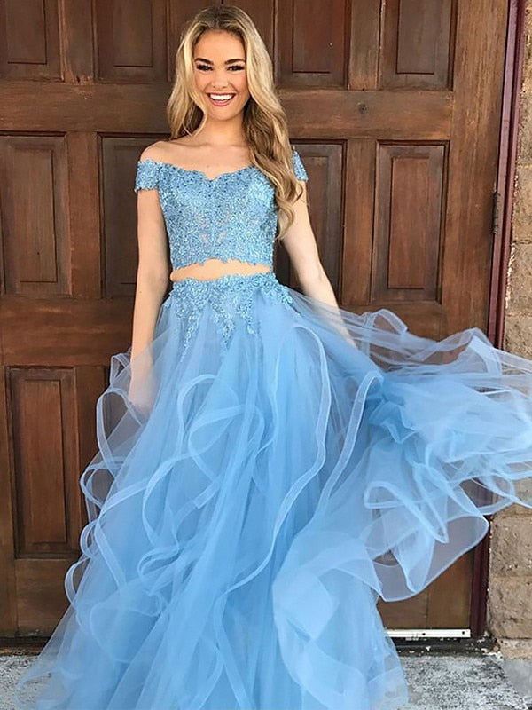 A Line Blue Lace Off the Shoulder Tulle Ruffled Beaded Two Piece Prom Dresses WK406