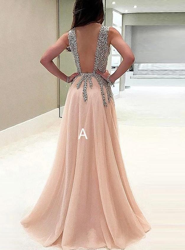 A line Tulle V Neck Pink Prom Dresses Long Backless Evening Dresses WK588