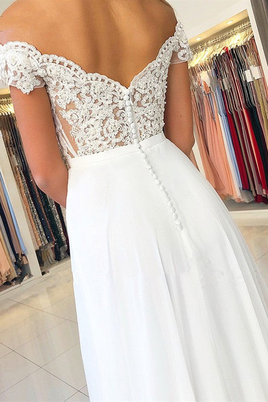 Off the Shoulder Sweetheart Lace Appliques Prom Dresses with Chiffon Party Dresses P1023
