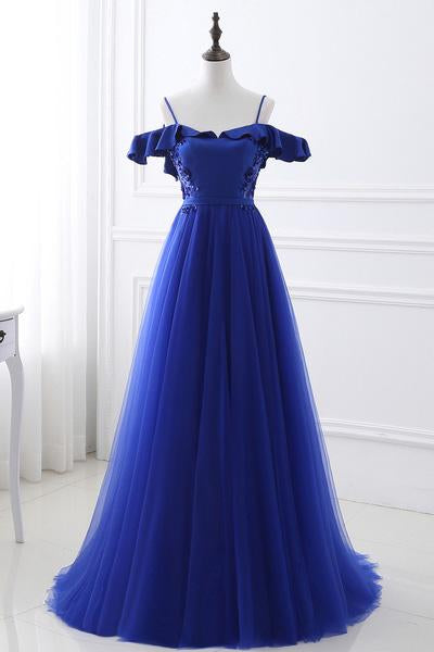 Unique Royal Blue Spaghetti Straps Off the Shoulder Ruffle Appliques Beaded Prom Dresses WK84