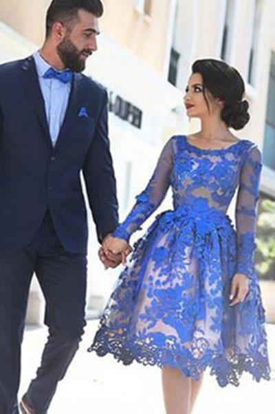 Unique Ball Gown Appliques Knee-Length Long Sleeve A-Line Tulle Royal Blue Sweet 16 Gown WK119