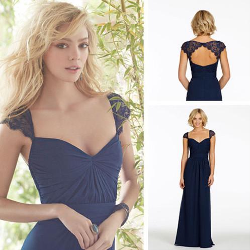 Sexy A-Line Sweetheart Cap Sleeve Lace Open Back Navy Blue Long Bridesmaid Dresses WK80