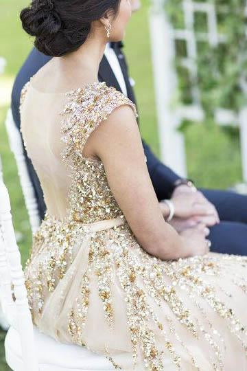 Illusion Neck Beading Long Gold Wedding Dress with Sheer Back Long Prom Dresses WK936