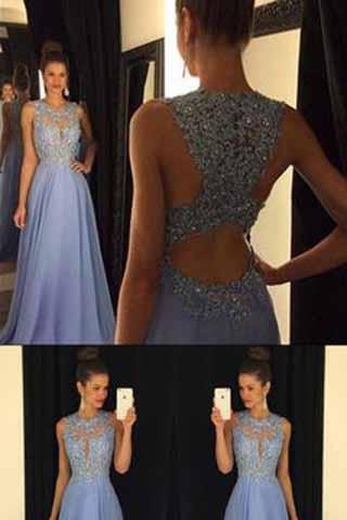 Lace Open Back Sexy Blue Chiffon Cheap A-Line Beads Sleeveless Scoop Prom Dresses WK942