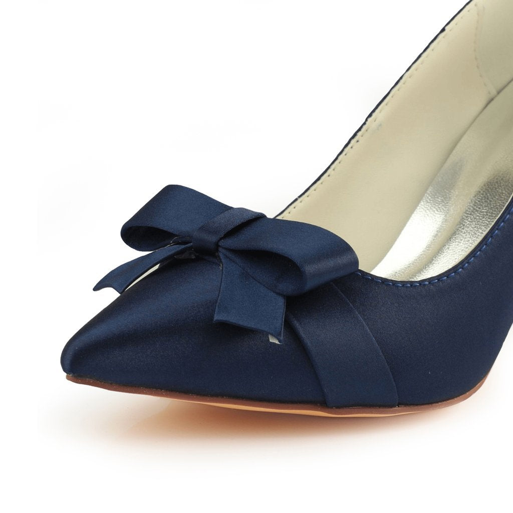 Navy Blue High Heels Wedding Shoes with Bowknot Fashion Satin Wedding Shoes uk L-942