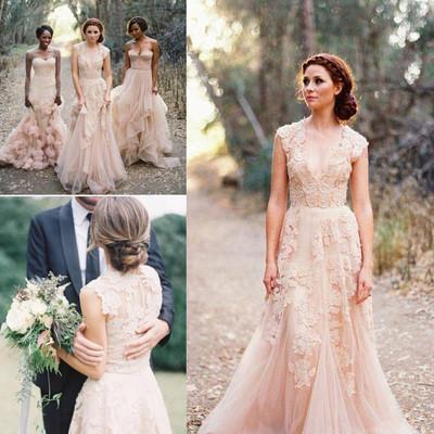 Long Tulle Vintage Romantic Unique Cap Sleeve Pink A-Line Appliques Wedding Dresses WK88