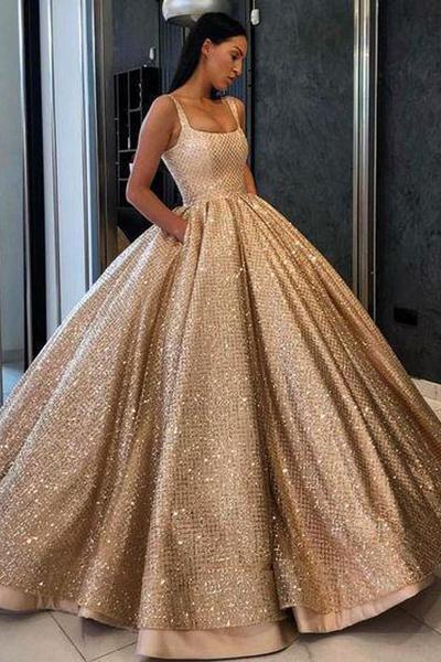 Ball Gown Prom Dress with Pockets Beads Sequins Floor-Length Gold Quinceanera Dresses WK724