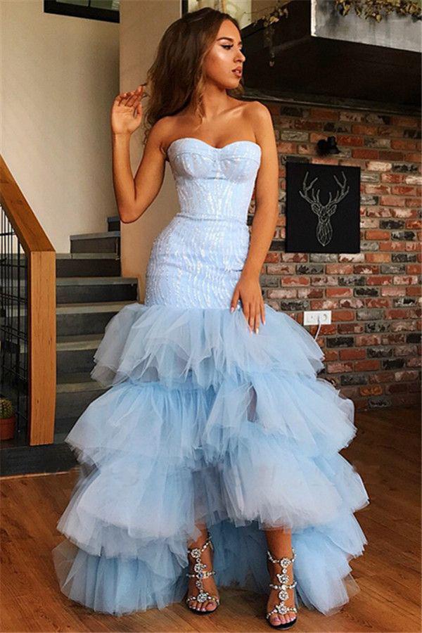 Light Blue Mermaid Strapless Tulle Prom Dresses Bowknot Layers Evening Dresses WK516