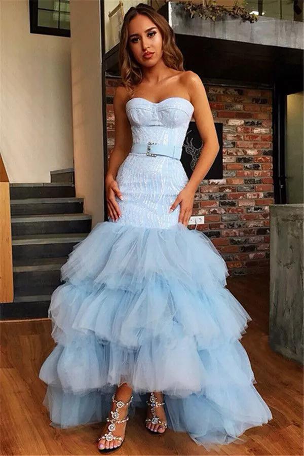 Light Blue Mermaid Strapless Tulle Prom Dresses Bowknot Layers Evening Dresses WK516
