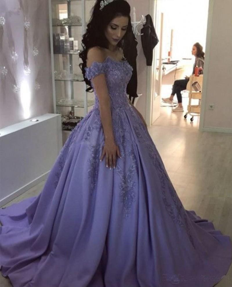 Lilac Ball Gown V Neck Off the Shoulder Lace Appliques Satin Beaded Prom Dresses WK465