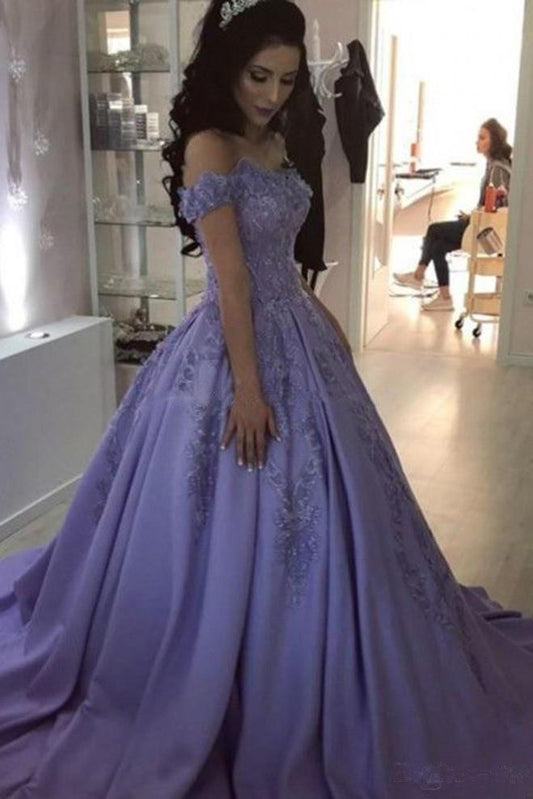 Lilac Ball Gown V Neck Off the Shoulder Lace Appliques Satin Beaded Prom Dresses WK465