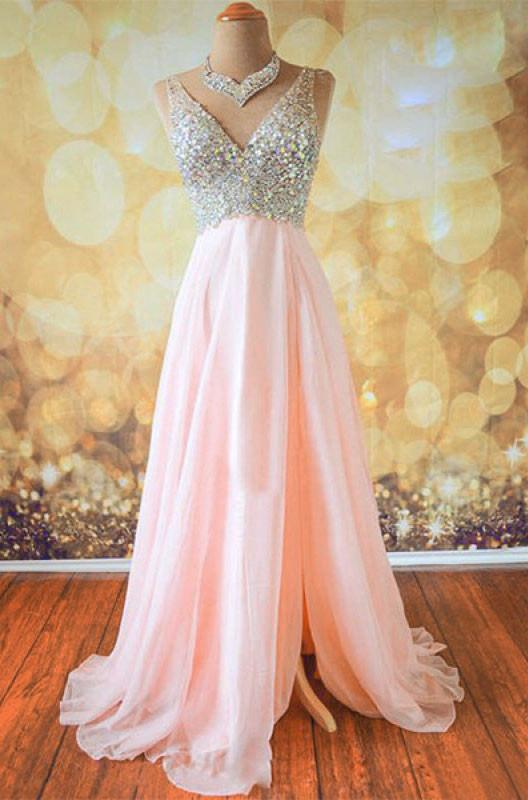V-neck Beading Bodice Floor Length Split Prom Dresses Evening Dresses WK554