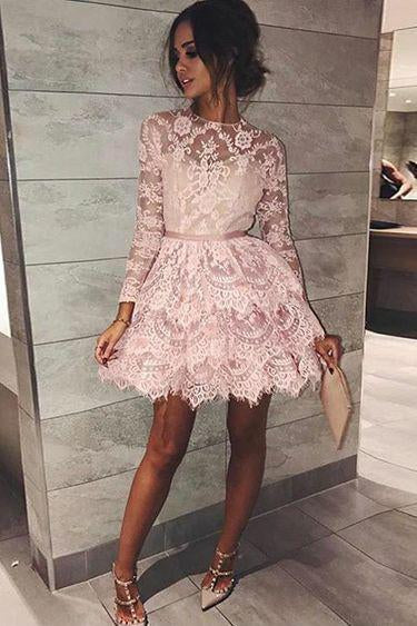 Long Sleeve Pink Above Knee Lace High Neck Homecoming Dress Short Prom Dresses WK764
