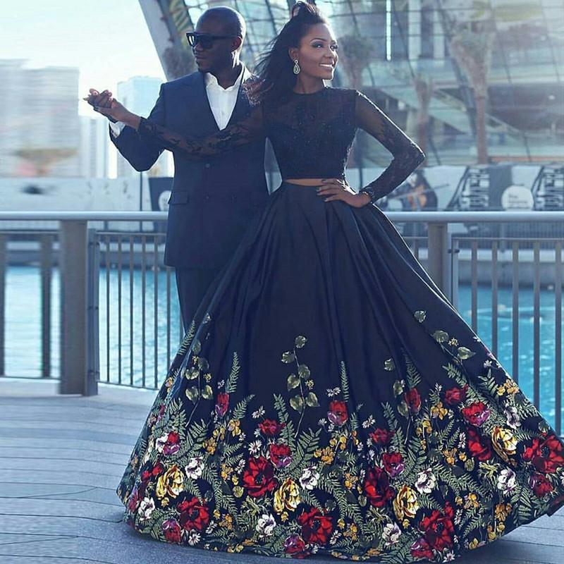 Long Sleeve Two Piece Black Floral Prom Dress with Beading Lace Evening Dresses WK757