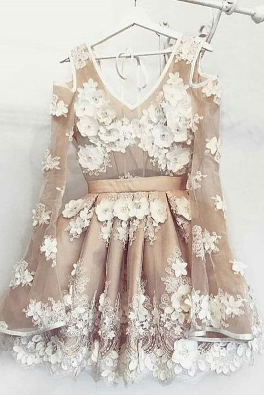 Long Sleeve V Neck Lace Appliques Knee Length Short Prom Dresses Homecoming Dress H1053