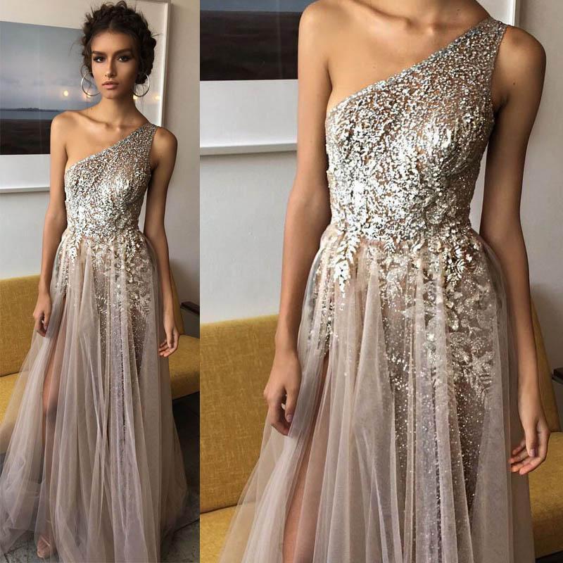 Elegant A Line Brown One Shoulder Tulle Shinning Side Split Long Prom Dresses WK618