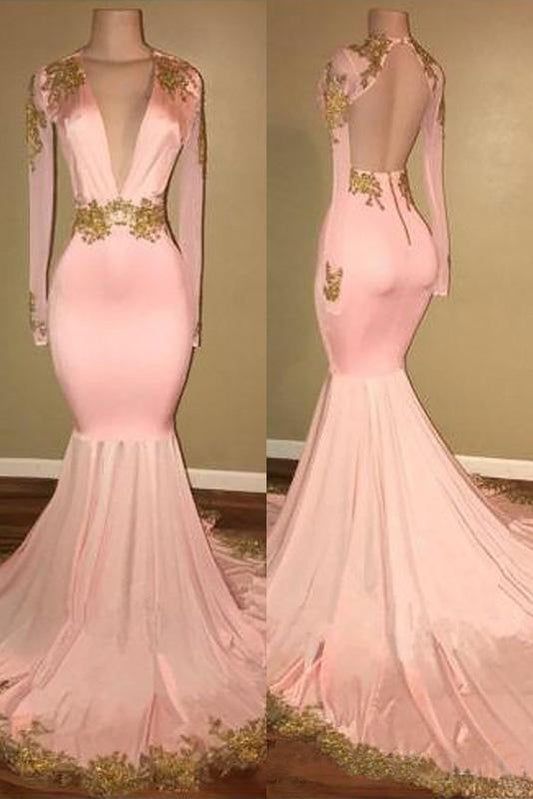 Mermaid Appliques Deep V Neck Long Sleeve Prom Dresses Long Cheap Evening Dress WK761