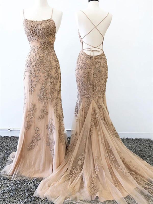 Mermaid Lace Appliques Spaghetti Straps Criss Cross Prom Dresses Long Evening Dress P1009