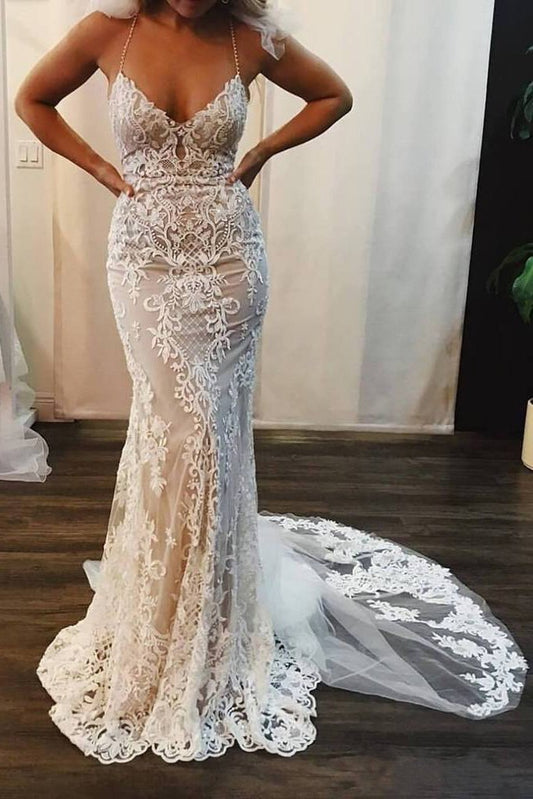 Mermaid Lace Appliques Spaghetti Straps V Neck Ivory Wedding Dresses Bridal Dresses WK923